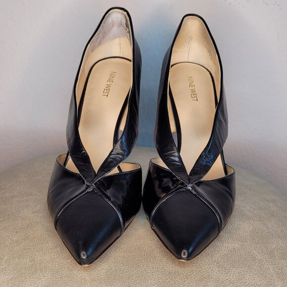 Nine West Black Leather Patent Cross Strap Pumps 12M Rare Elegant Stiletto Heels - Picture 3 of 10
